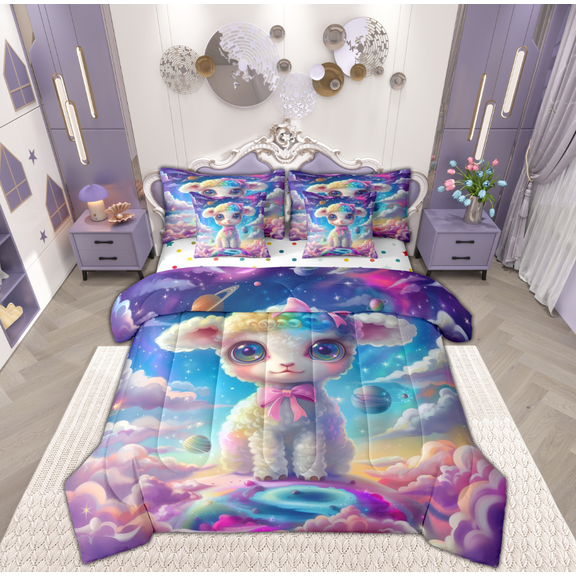 Feelyou Dreamy Cute Sheep Bedding Comforter Set 7-Piece for Teens, Outer Space Planet King Bedding Sets, Mystic Starry Sky Reversible Bed Sheets, Super Cozy Room Decor