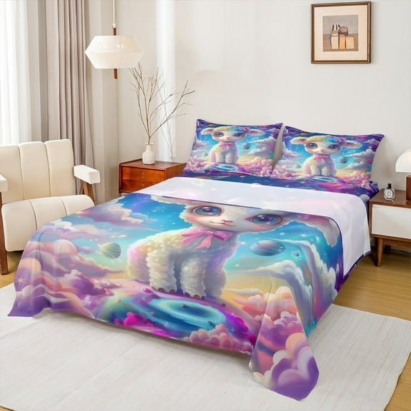 Feelyou Dreamy Cute Sheep Twin Sheet Sets for Teens, Outer Space Planet Twin Fitted Sheet, Mystic Starry Sky Flat Sheet, Super Cozy Room Decor, 3 Pieces