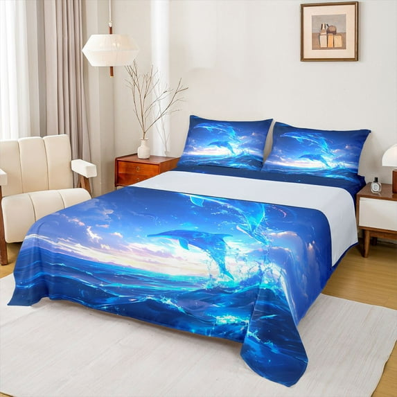 Feelyou Dreamy Dolphin Teens Full Size Sheets, Cartoon Cute Sealife Bed Sheets, Ocean Animal Theme Sheet Sets, Super Cozy Room Decor, 4 Pieces