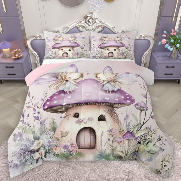 Feelyou Dreamy Elf Fairy Queen Comforter Set for Girls, Kawaii Magic Princess Bedding Sets, Flower Mushroom Cabin Reversible Bedding Comforter Set, Lightweight Room Decor, 3 Pieces