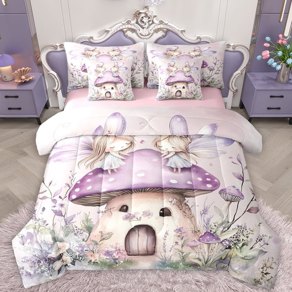 Feelyou Dreamy Elf Fairy Twin Bedding Sets 7-Piece for Girls, Kawaii Magic Princess Bedding Comforter Set, Flower Mushroom Cabin Reversible Sheet Sets, Lightweight Room Decor