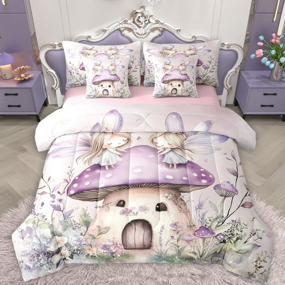 Feelyou Dreamy Elf Fairy Twin Bedding Sets 7-Piece for Girls, Kawaii Magic Princess Bedding Comforter Set, Flower Mushroom Cabin Reversible Sheet Sets, Lightweight Room Decor