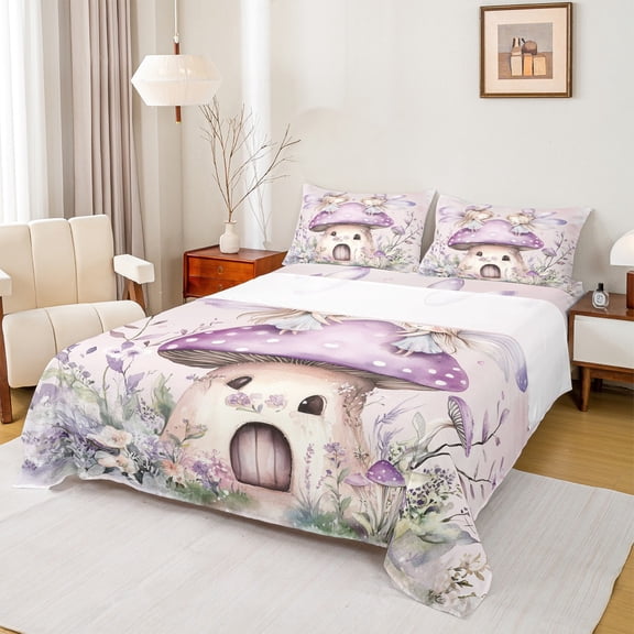 Feelyou Dreamy Elf Fairy Twin Sheet Sets for Girls, Kawaii Magic Princess Twin Fitted Sheet, Flower Mushroom Cabin Flat Sheet, Lightweight Room Decor, 3 Pieces