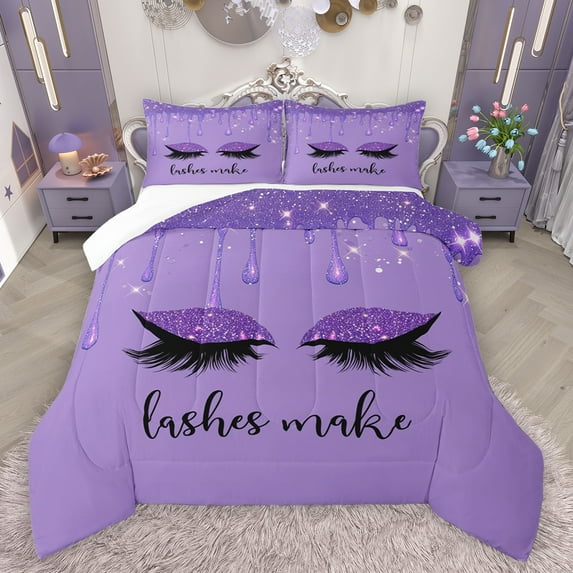 Feelyou Dreamy Eyelash Unicorn Bedding Comforter Set, Luxury Purple Glitter Twin Comforter Sets, Modern Fashion Bedding Set, Microfiber Bedroom Decor, 2pcs