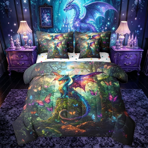 Feelyou Dreamy Fairy Dragon Twin Bedding Sets for Kids Boys Girls, Forest Butterfly Bedding Comforter Set, Green Blue, Polkadot Reversible, 7-Piece