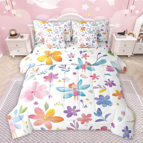 Feelyou Dreamy Fairy Elf Twin Bedding Sets 7-Piece, Kawaii Flower Floral Bedding Comforter Set, Cute Princess Style Reversible Sheet Sets, Luxury Bedroom Decor
