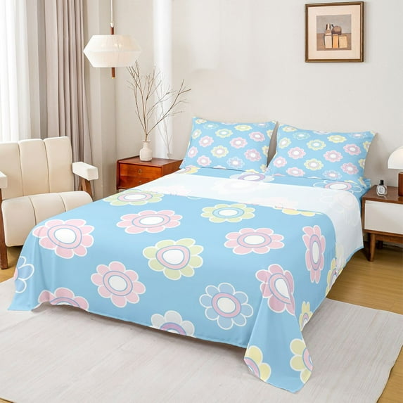 Feelyou Dreamy Floral Flower Full Size Sheets for Kids, Kawaii Cherry Blossoms Bed Sheets, Princess Cartoon Blue Sheet Sets, Super Cozy Room Decor, 4-Piece