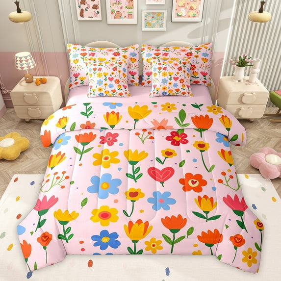 Feelyou Dreamy Floral Teens Bedding Comforter Set 7pcs, Cute Cherry Blossoms King Bedding Sets, Cartoon Pink Flower Reversible Bed Sheets, Super Cozy Room Decor