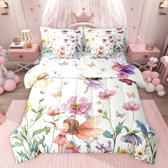 Feelyou Dreamy Flower Elf Bedding Comforter Set 7pcs for Kids, Rustic Groovy Floral King Bedding Sets, Fairy Tale Princess Reversible Bed Sheets, Breathable Home Decor
