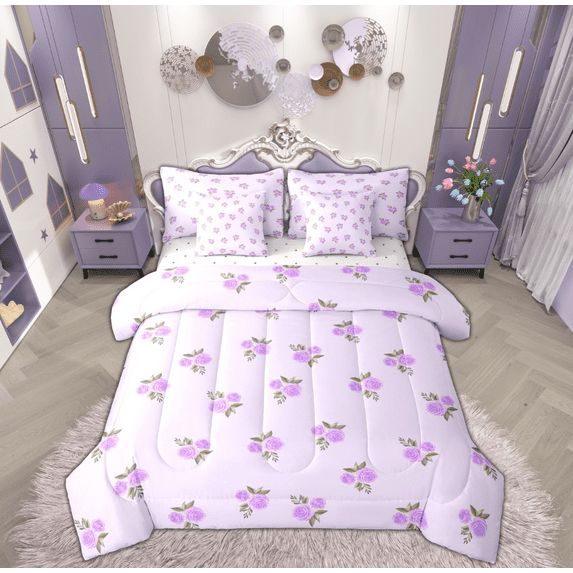 Feelyou Dreamy Flower Floral Bedding Comforter Set 7pcs, Romantic Purple Rose Queen Bedding Sets, Teens Boys Girls Kids Reversible Queen Sheet Sets, Microfiber Bedroom Decor