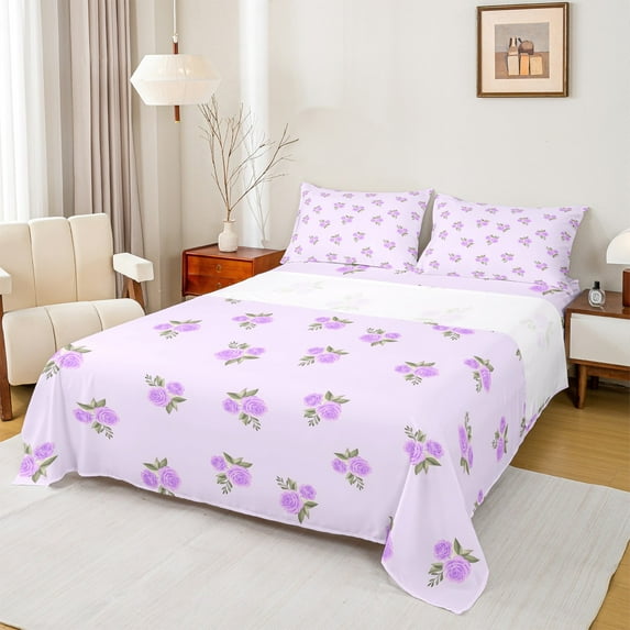 Feelyou Dreamy Flower Floral Full Size Sheets, Romantic Purple Rose Bed Sheets, Teens Boys Girls Kids Sheet Sets, Microfiber Bedroom Decor, 4pcs