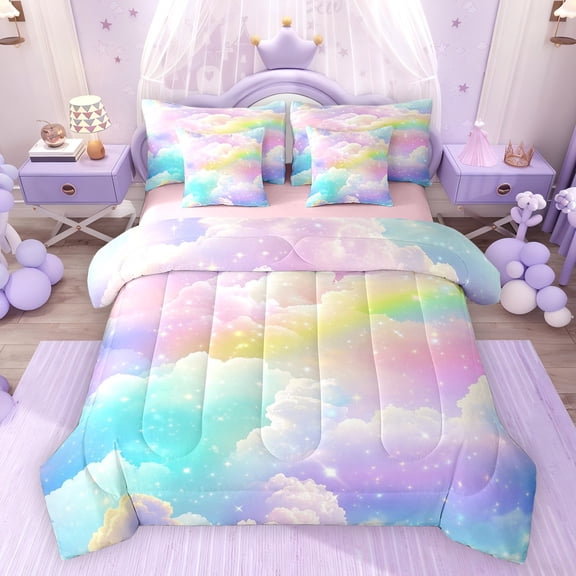Feelyou Dreamy Galaxy Cloud Bedding Comforter Set 7pcs, Rainbow Stars Queen Bedding Sets