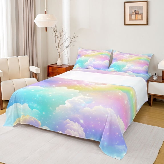 Feelyou Dreamy Galaxy Cloud Full Size Sheets, Rainbow Stars Bed Sheets, 4pcs