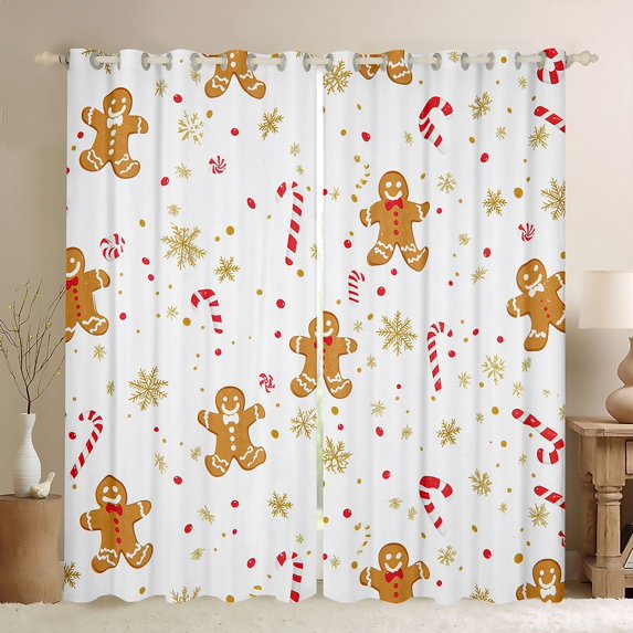 Feelyou Dreamy Gold Snowflake Blackout Curtains Set of 2 (52x84 Each), Kawaii Gingerbread Man Window Curtains, Merry Christmas Curtains and Drapes