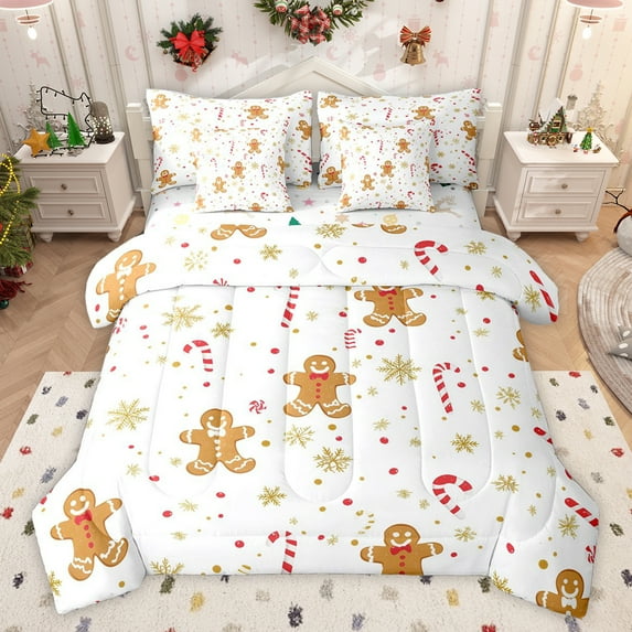 Feelyou Dreamy Gold Snowflake Twin Bedding Sets 7-Piece, Kawaii Gingerbread Man Bedding Comforter Set, Merry Christmas Reversible Sheet Sets, Luxury Bedroom Decor