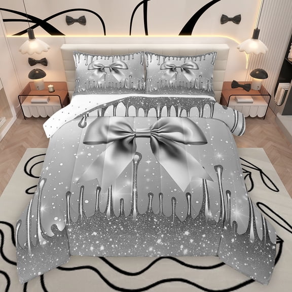 Feelyou Dreamy Grey Bow-tie Queen Comforter Set, Cartoon Princess Bowknot Bedding Sets, Bling Stars Sequin Print Reversible Bedding Comforter Set, Ultra Soft Bedroom Decor, 3 Pieces