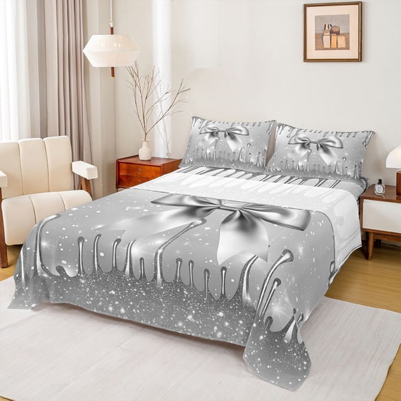 Feelyou Dreamy Grey Bow-tie Twin Sheet Sets, Cartoon Princess Bowknot Twin Fitted Sheet, Bling Stars Sequin Print Flat Sheet, Ultra Soft Bedroom Decor, 3 Pieces