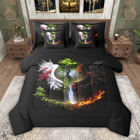 Feelyou Dreamy Life Tree Bedding Comforter Set 7 Pieces, Black White Angel Wings Full Bedding Set, Jungle Flower Floral Reversible Fitted Sheet Flat Sheet, Luxury Bedroom Decor