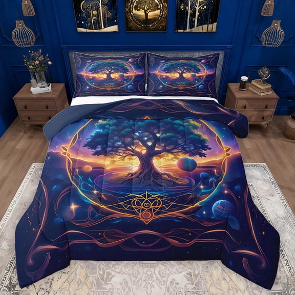 Feelyou Dreamy Life Tree Bedding Comforter Set, Outer Space Planet Twin Comforter Sets, Western Bohemian Theme Reversible Bedding Set, Lightweight Room Decor, 2 Pieces