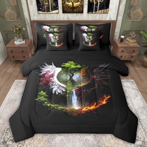 Feelyou Dreamy Life Tree Twin Bedding Sets 7-Piece, Black White Angel Wings Bedding Comforter Set, Jungle Flower Floral Reversible Sheet Sets, Luxury Bedroom Decor