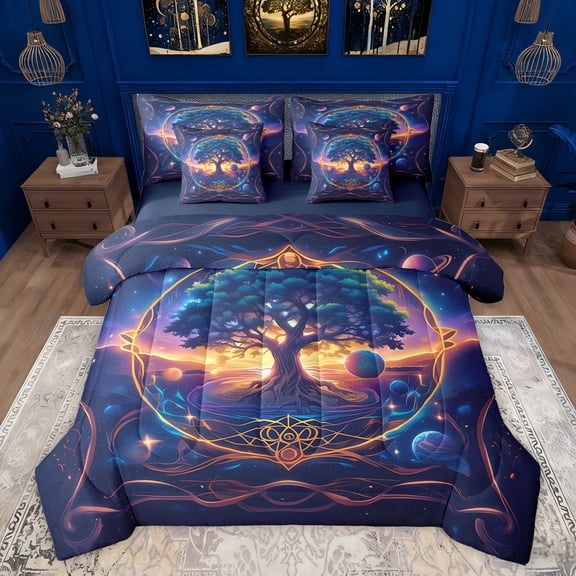 Feelyou Dreamy Life Tree Twin Bedding Sets 7-Piece, Outer Space Planet Bedding Comforter Set, Western Bohemian Theme Reversible Sheet Sets, Lightweight Room Decor