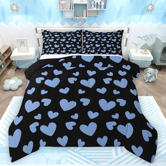 Feelyou Dreamy Love Heart Queen Comforter Set, Cartoon Princess Blue Bedding Sets, Teens Kids Boys Girls Reversible Bedding Comforter Set, Luxury Bedroom Decor, 3-Piece