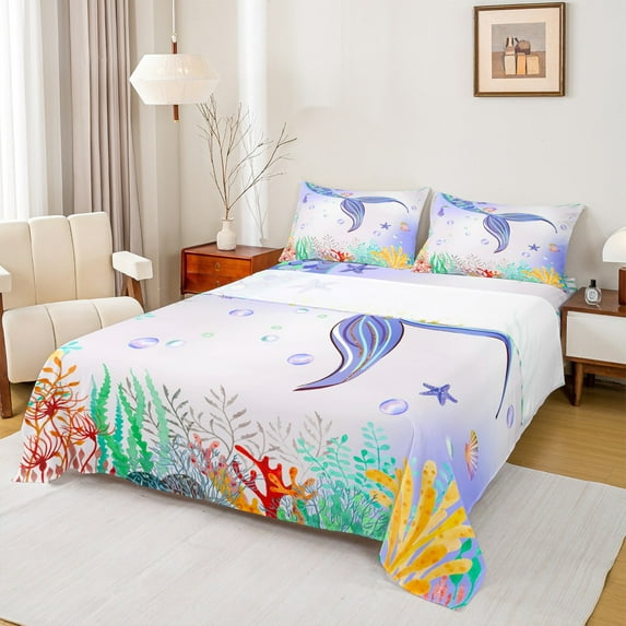 Feelyou Dreamy Mermaid Princess Full Size Sheets, Kawaii Marine Coral Bed Sheets, Teens Kids Girls Women Sheet Sets, Luxury Bedroom Decor, 4pcs