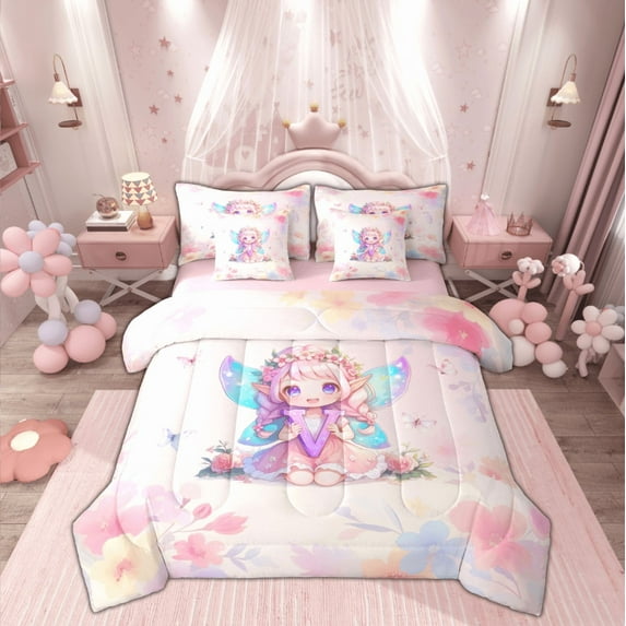Feelyou Dreamy Monogrammed V Bedding Comforter Set 7 Pieces, Princess Fairy Elf Full Bedding Set, Pink Flower Butterfly Reversible Fitted Sheet Flat Sheet, Microfiber Bedroom Decor