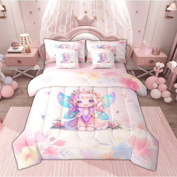 Feelyou Cute Elf Twin Comforter Set for Girls, Pink Flower Floral Bedding Set, Initial V Letter Bedding Comforter Sets, Pink Reversible, 7 Pieces