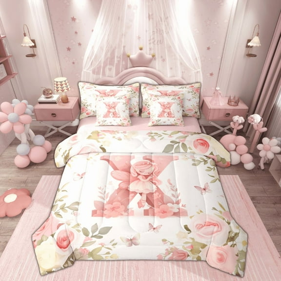 Feelyou Cute Elf Twin Comforter Set for Girls, Pink Flower Floral Bedding Set, Cartoon X Letter Bedding Comforter Sets, Pink Reversible, 7 Pieces
