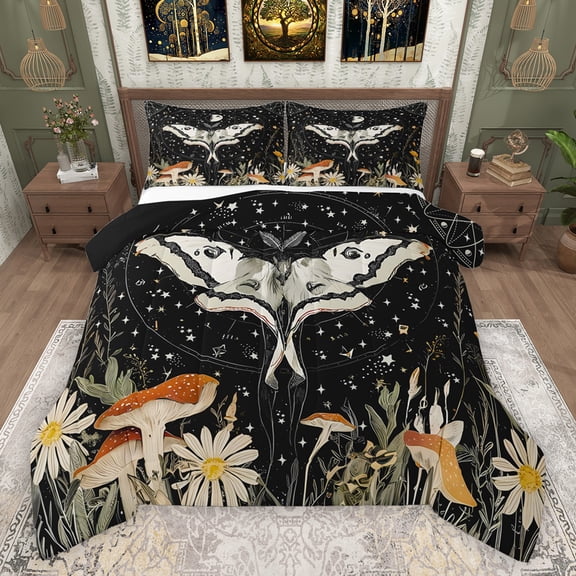 Feelyou Dreamy Moth Butterfly Queen Comforter Set, Mushroom Groovy Flower Bedding Sets, Mystic Constellation Reversible Bedding Comforter Set, Ultra Soft Bedroom Decor, 3-Piece
