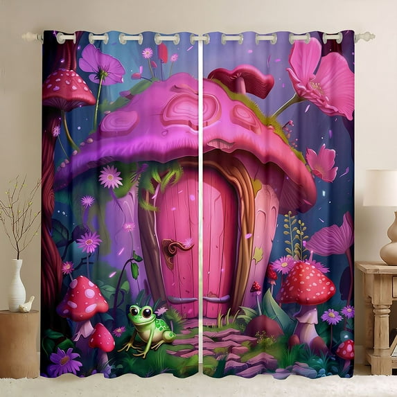 Feelyou Dreamy Mushroom House Black Out Curtains, Jungle Frog Animal Curtains Pack of 2 (42x63 Each), Fairy Tale Princess Bedroom Curtains, Window Curtains Decor