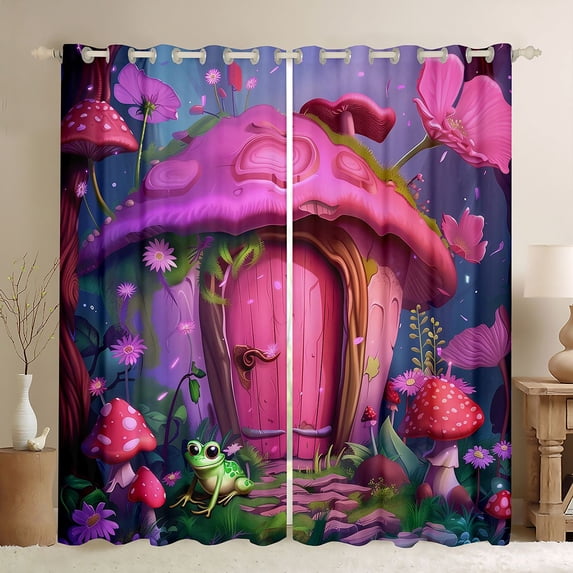 Feelyou Dreamy Mushroom House Blackout Curtains Set of 2 (52x84 Each), Jungle Frog Animal Window Curtains, Fairy Tale Princess Curtains and Drapes, Window Curtains Decor