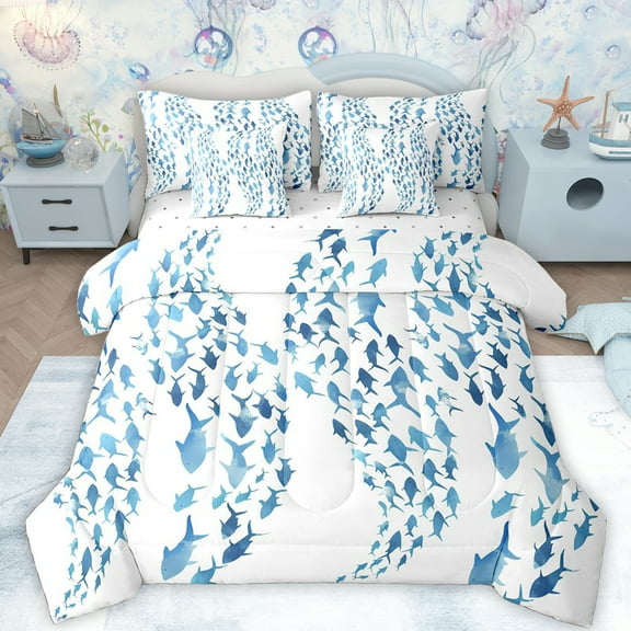 Feelyou Dreamy Ocean Fish Twin Bedding Sets 7-Piece, Cartoon Cute Sealife Bedding Comforter Set, Mystic Underwater World Reversible Sheet Sets, Lightweight Room Decor