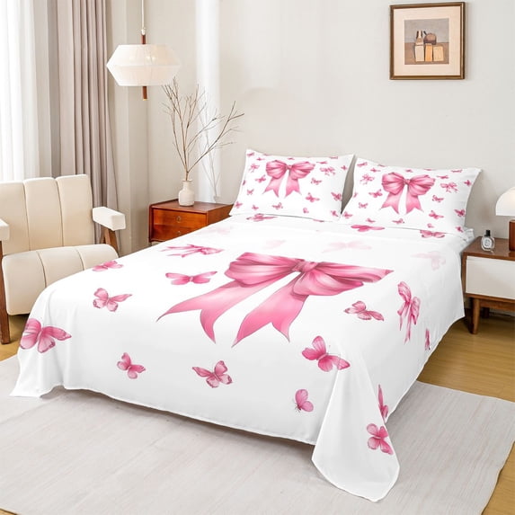 Feelyou Dreamy Pink Bow-tie Twin Sheet Sets, Butterfly Animal Bedding, 3-Piece
