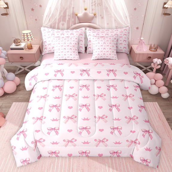 Feelyou Dreamy Pink Bowknot Twin Bedding Sets 7-Piece for Girls, Kawaii Princess Crown Bedding Comforter Set, Cute Love Heart Reversible Sheet Sets, Luxury Bedroom Decor