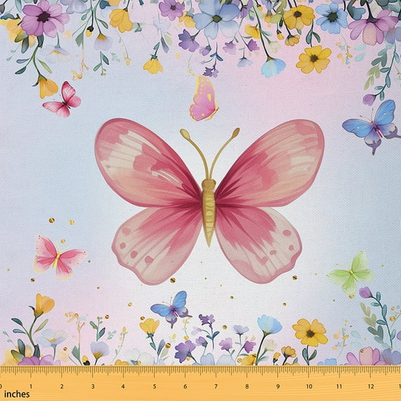 Feelyou Dreamy Pink Butterfly Fabric by the Yard 3 Yards, Farmhouse Floral Room Decor Fabric by the Yard, Child Kawaii Animal Fabric for Sewing, Ultra Soft Home Decor