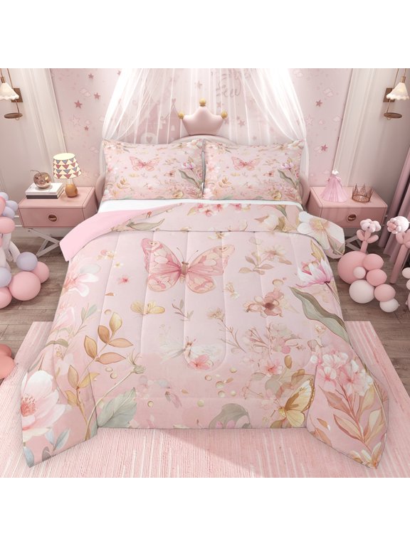 Dreamy Pink Butterfly Full Size Comforter Sets, Romantic Flower Bedding Comforter Set, Teens Kids Girls Women Reversible Bedding Sets, Ultra Soft Bedroom Decor, 3 Pieces