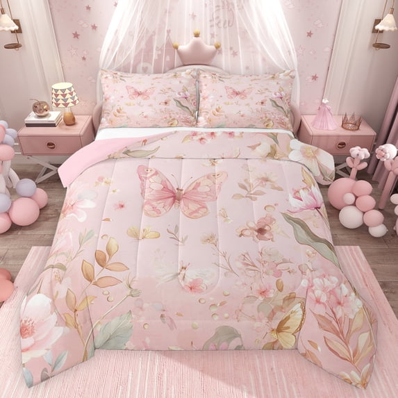 Feelyou Dreamy Pink Butterfly Full Size Comforter Sets, Romantic Flower Bedding Comforter Set, Teens Kids Girls Women Reversible Bedding Sets, Ultra Soft Bedroom Decor, 3 Pieces