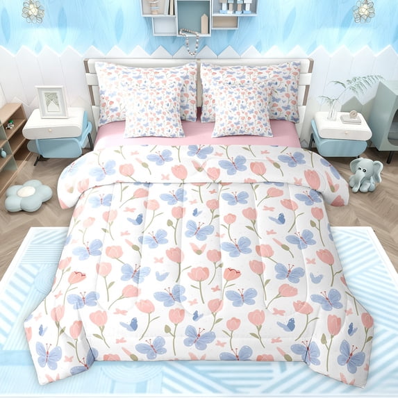 Feelyou Dreamy Pink Butterly Bedding Comforter Set 7 Pieces, Spring Tulip Flower Full Bedding Set, Kawaii Princess Style Reversible Fitted Sheet Flat Sheet, Luxury Bedroom Decor