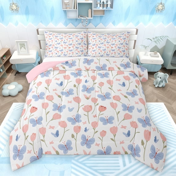 Feelyou Dreamy Pink Butterly Full Size Comforter Sets, Spring Tulip Flower Bedding Comforter Set, Kawaii Princess Style Reversible Bedding Sets, Luxury Bedroom Decor, 3pcs