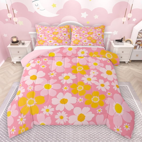 Feelyou Dreamy Pink Floral Bedding Comforter Set, Kawaii Cartoon Twin Comforter Sets, Cherry Blossoms Flower Reversible Bedding Set, Lightweight Room Decor, 2 Pieces