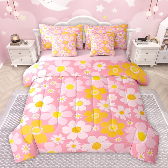 Feelyou Dreamy Pink Floral Twin Bedding Sets 7-Piece, Kawaii Cartoon Bedding Comforter Set, Cherry Blossoms Flower Reversible Sheet Sets, Lightweight Room Decor