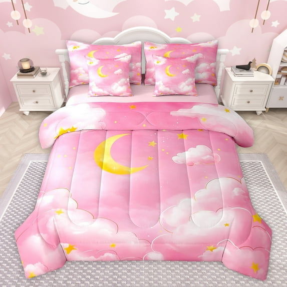 Feelyou Dreamy Pink Galaxy Bedding Comforter Set 7pcs, Mystic Stars Moon Cloud Queen Bedding Sets, Watercolor Artwork Reversible Queen Sheet Sets, Super Cozy Room Decor