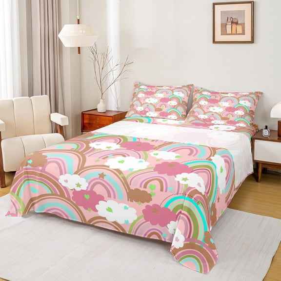 Feelyou Dreamy Pink Rainbow Queen Sheet Sets for Child, Kawaii Stars Love Heart Flat Sheet, Fairy Tale Style Queen Fitted Sheet, Ultra Soft Bedroom Decor, 4-Piece