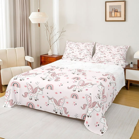 Feelyou Dreamy Pink Unicorn Bed Sheets for Child, Kawaii Love Heart King Sheets, Stars Rainbow Sheet Set, Super Cozy Room Decor, 4-Piece