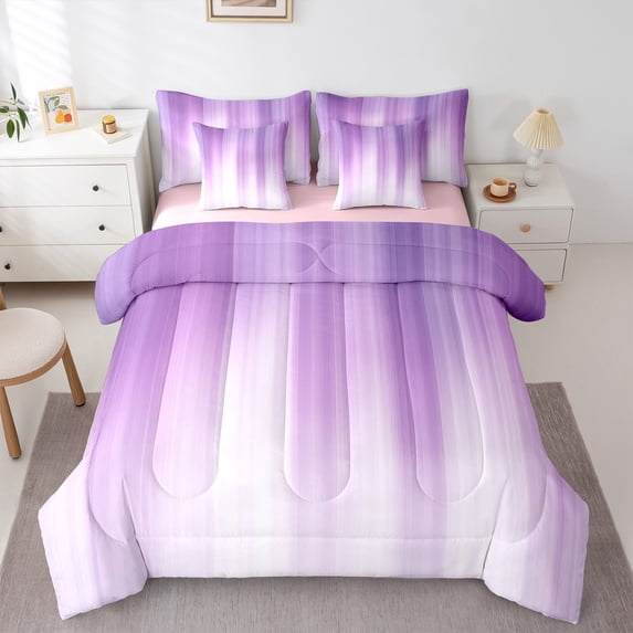 Feelyou Dreamy Plum Stripes Bedding Comforter Set 7 Pieces, Abstract Geometric Full Bedding Set, Teens Girls Boys Kids Reversible Fitted Sheet Flat Sheet, Breathable Home Decor