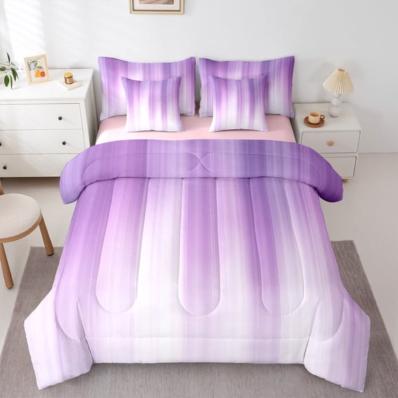 Feelyou Dreamy Plum Stripes Bedding Comforter Set 7pcs, Abstract Geometric Queen Bedding Sets, Teens Girls Boys Kids Reversible Queen Sheet Sets, Breathable Home Decor
