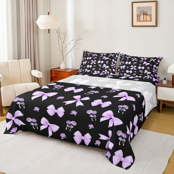 Feelyou Dreamy Princess Bow Twin Sheet Sets, Romantic Purple Rose Bedding, 3-Piece