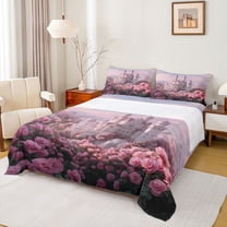 Feelyou Dreamy Princess Castle Twin Sheet Sets, Pink Rose Dlwoer Bedding, 3pcs